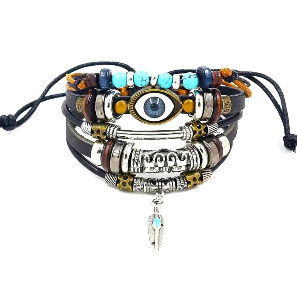 Leather Bracelet Third Eye Cuff Bangle Layered Boho Hippie Beads Turquoise Lucky